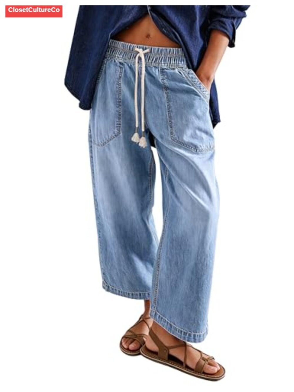 Wide Leg Boyfriend Jeans Elastic High Waist Denim Pants with Pockets
